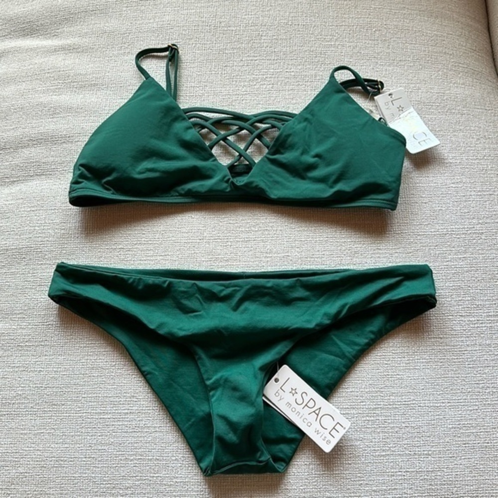 L space bikini emerald green Jaimie top size D  sandy classic bottoms large
